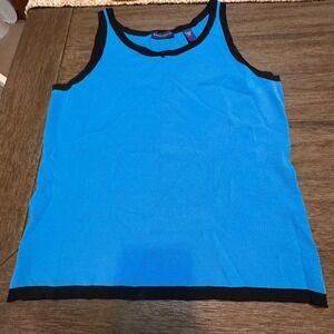 Karen Scott Sweater Tank Top Knit Sleeveless Casual Blue Black Trim Size L